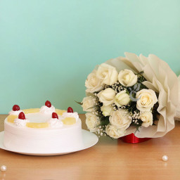 Serene White: A Gift Combo of 12 White Roses and 0.5 Kg Pineapple Cake