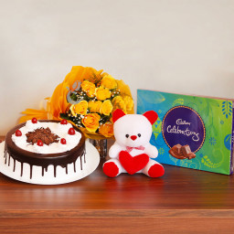 Celebrating Emotions: A Gift Combo of 12 Yellow Roses, 0.5 Kg Blackforest Cake, 6 Inch Teddy and 1 Celebration