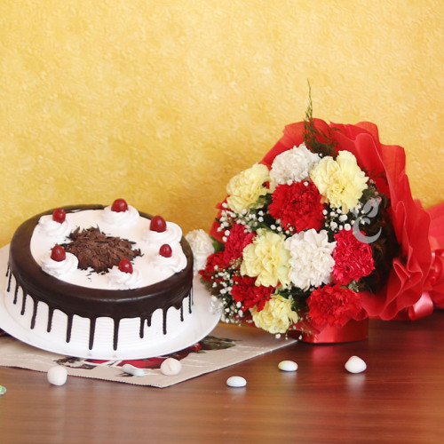 A Pair of Joy: A Gift Combo of 12 Mix Carnations and 0.5 Kg Blackforest Cake