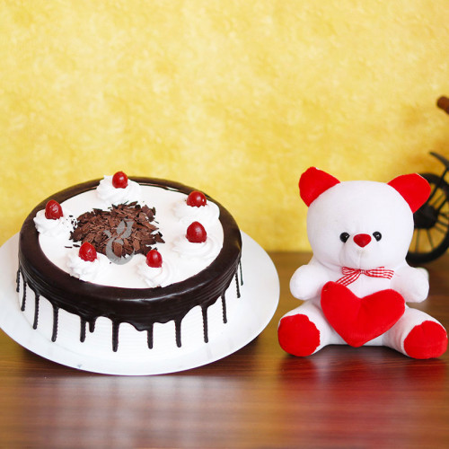Messenger of Love: A Gift Combo of 6 Inch Teddy and 0.5 Kg Black Forest Cake