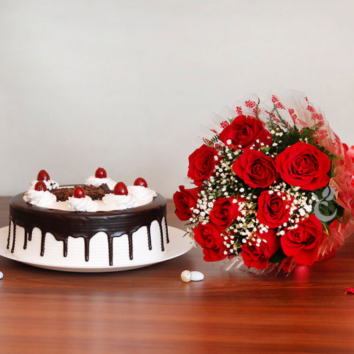 Say Love: A Gift Combo of 10 Red Roses and 0.5 Kg Black Forest Cake