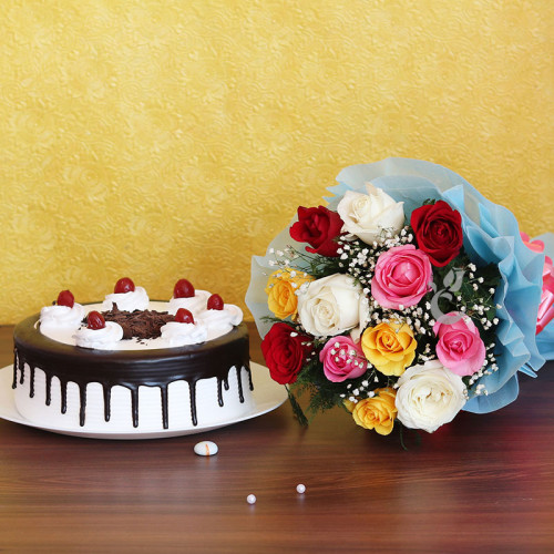 Colour Splash: A Gift Combo of 12 Mix Roses and 0.5 Kg Black Forest Cake