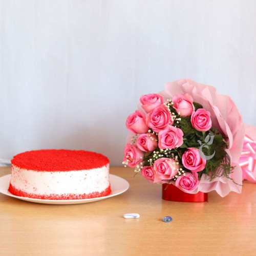 Velvety Affection: A Gift Combo of 12 Pink Roses and 0.5 Kg Red Velvet Cake
