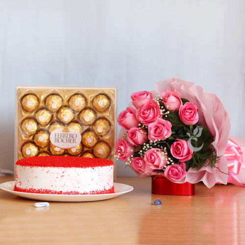 Love Confession: A Gift Combo of 12 Pink Roses, 0.5 Kg Red Velvet Cake and 24 Ferrero Rocher