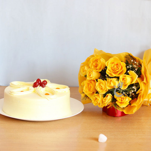 Friendship Goals: A Gift Combo of 12 Yellow Roses and 0.5 Kg Butterscotch Cake
