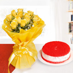Friends Forever: A Gift Combo of 12 Yellow Roses and 0.5 Kg Red Velvet Cake