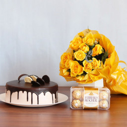 Sun-Kissed Serenity: A Gift Combo of 12 Yellow Roses, 0.5 Kg Chocolate Cake and 16 Ferrero Rocher