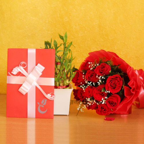 Lucky Quotient: A Gift Combo of 12 Red Roses, 2 Layer Lucky Bamboo and 1 Greeting Card