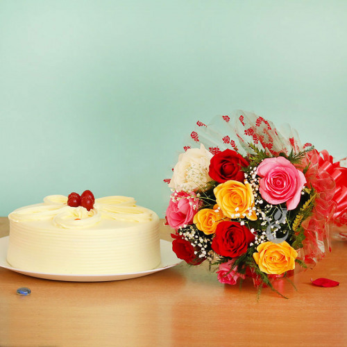 Sweet Adorations: A Gift Combo of 10 Mix Roses and 0.5 Kg Butterscotch Cake