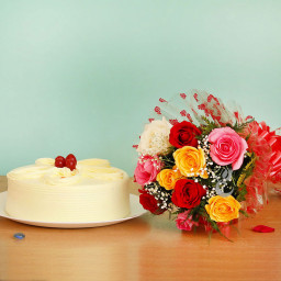 Sweet Adorations: A Gift Combo of 10 Mix Roses and 0.5 Kg Butterscotch Cake