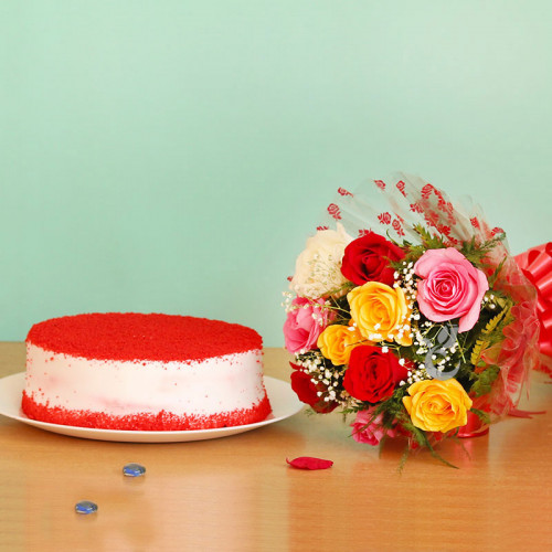 Velvet Cravings: A Gift Combo of 10 Mix Roses and 0.5 Kg Red Velvet Cake