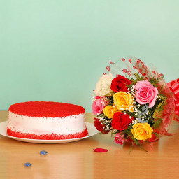 Velvet Cravings: A Gift Combo of 10 Mix Roses and 0.5 Kg Red Velvet Cake