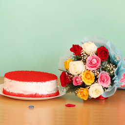 Smitten With Love: A Gift Combo of 10 Mix Roses and 0.5 Kg Red Velvet Cake