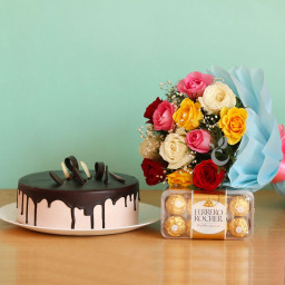 Romantic Dream: A Gift Combo of 12 Mix Roses, 0.5 Kg Chocolate Cake and 16 Ferrero Rocher