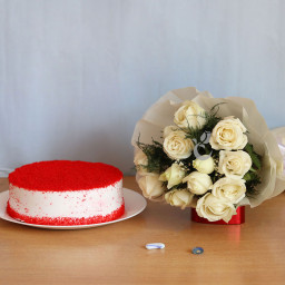Serene of love: A Gift Combo of 12 White Roses and 0.5 Kg Red Velvet Cake