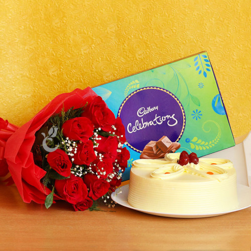 Romantic Journey: A Gift Combo of 12 Red Roses, 1 Cadbury Celebration and 0.5 Kg Butterscotch Cake