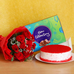 Red Romance: A Gift Combo of 10 Red Roses, 1 Cadbury Celebration and 0.5 Kg Red Velvet Cake