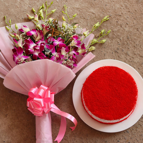 Red Velvet Delight: A Gift Combo of 6 Orchids and 0.5 Kg Red Velvet Cake