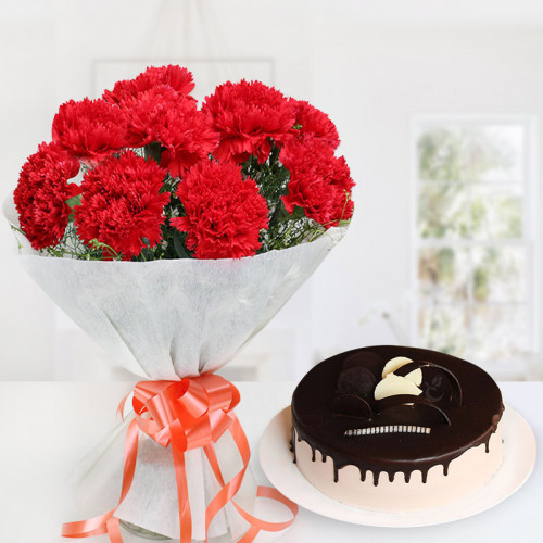 Carnation Combo: A Gift Combo of 12 Red Carnations and 0.5 Kg Chocolate Cake