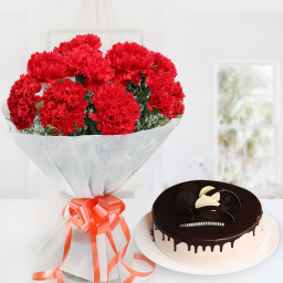 Carnation Combo: A Gift Combo of 12 Red Carnations and 0.5 Kg Chocolate Cake