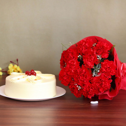 Magic of Love: A Gift Combo of 12 Carnations and 0.5 Kg Butterscotch Cake