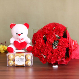 Love Syllable: A Gift Combo of 12 Carnations, 6 Inch Teddy and 16 Ferrero Rocher