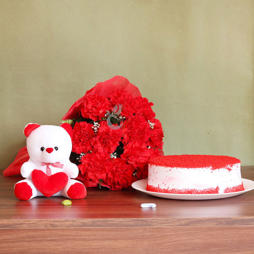 Colour of Love: A Gift Combo of 12 Red Carnations, 6 Inch Teddy, and 0.5 Kg Red Velvet Cake