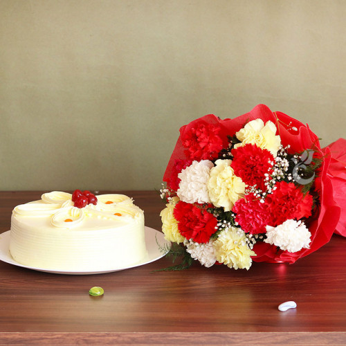 Confess Your Love: A Gift Combo of 12 Mix Carnation and 0.5 Kg Butterscotch Cake