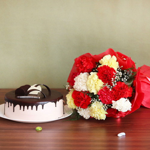 Carnation Speaks: A Gift Combo of 12 Mix Carnation and 0.5 Kg Chocolate Cake