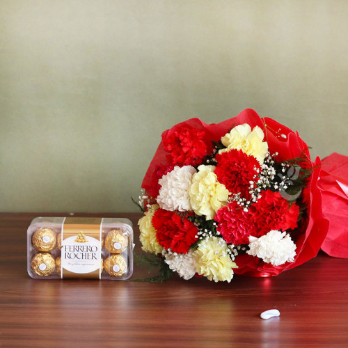 Love Story: A Gift Combo of 10 Mix Carnation and 16 Ferrero Rocher