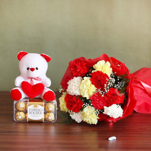 Love Forever: A Gift Combo of 12 Mix Carnation, 16 Ferrero Rocher, and 6 Inch Teddy