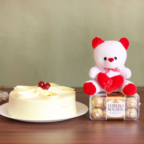 Dreamy Indulgence: A Gift Combo of 16 Ferrero Rocher, 0.5 Kg Butterscotch Cake, and 6 Inch Teddy