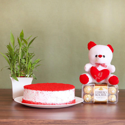 Pure Love: A Gift Combo of 16 Ferrero Rocher, 0.5 Kg Red Velvet Cake, 6 Inch Teddy, and Lucky Bamboo