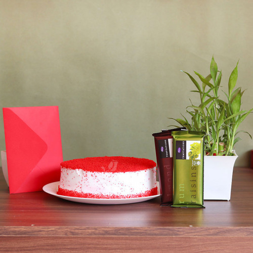 Enamored Bundle: A Gift Combo of 0.5 Kg Red Velvet Cake, 2 Temptations, Lucky Bamboo, and One Greeting Card