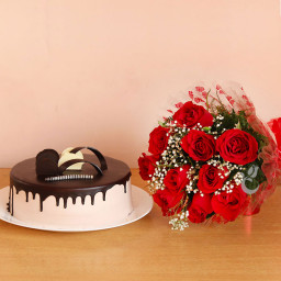Classic Love: A Gift Combo of 8 red roses bouquet and 0.5 Kg chocolate cake