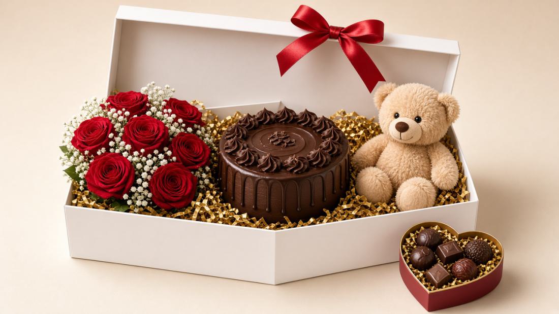Custom gift with flowers, cake and teddy