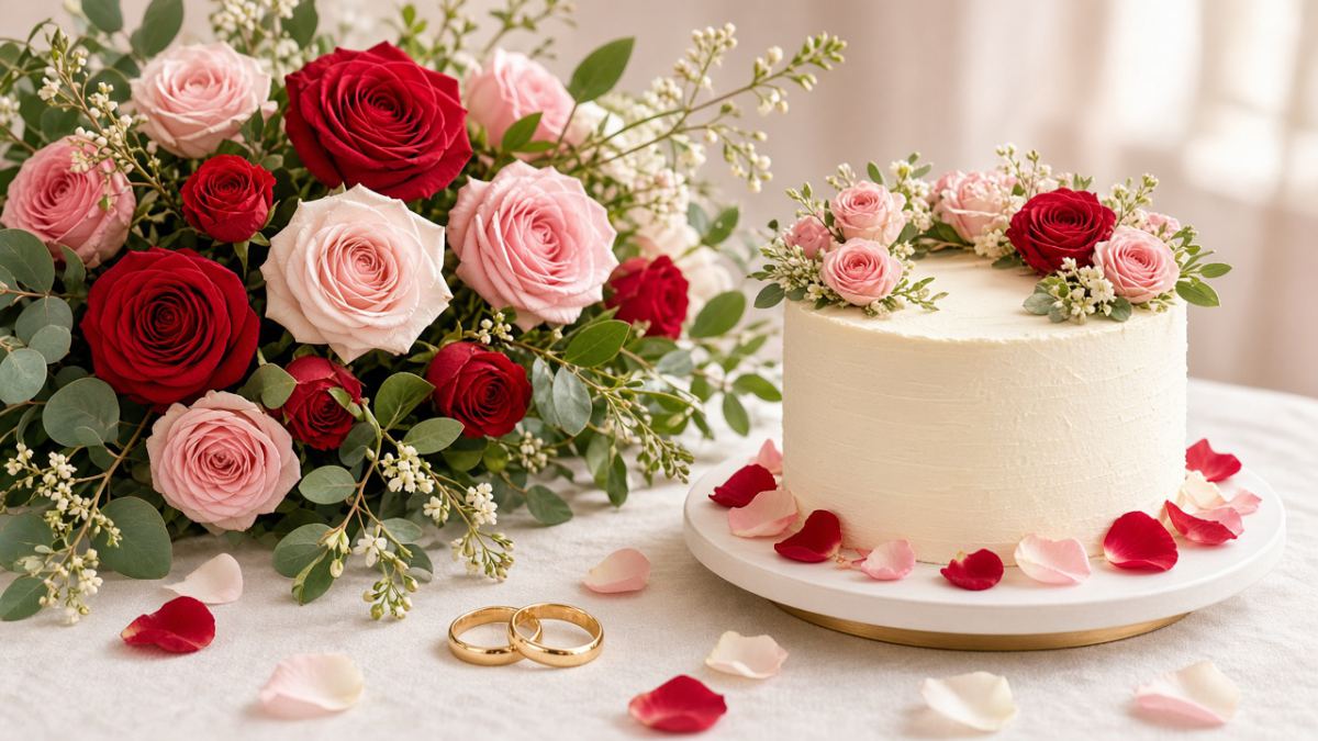 Anniversary roses, cake and gifts from NikkiFlower
