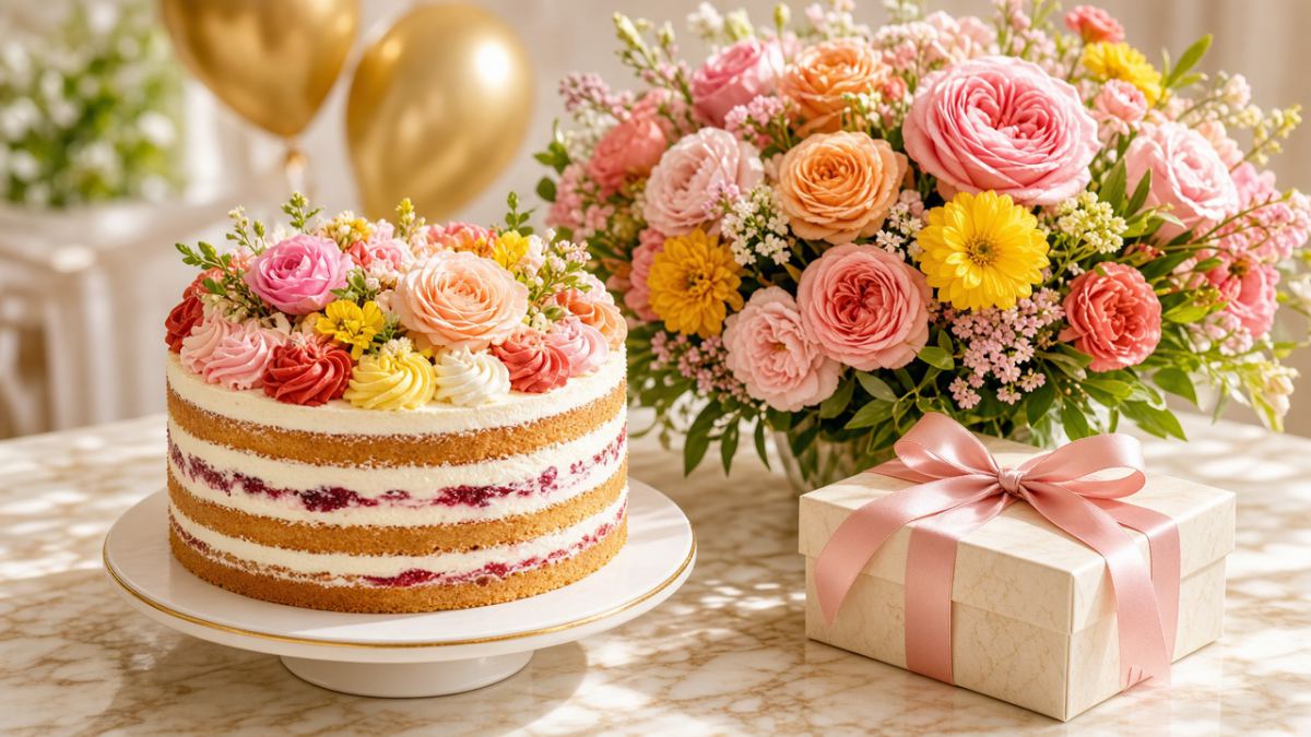 Birthday cake, flowers and gifts from NikkiFlower